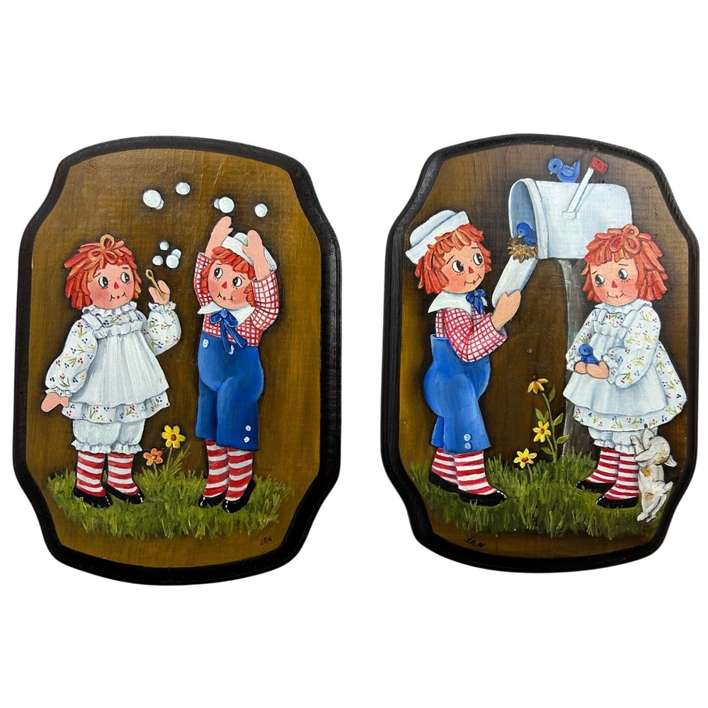 Jan Bernard Raggedy Ann Andy Wood Wall Plaques Set 2 Hand Painted Signed 2000